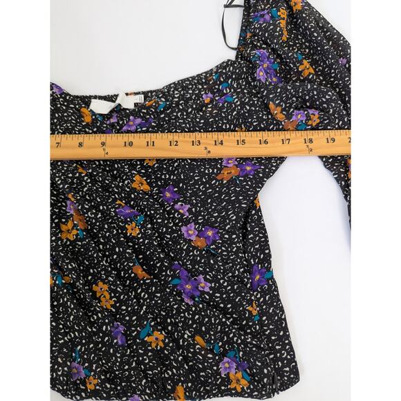 ASTR Shirred Puff Sleeve Sweetheart Neck Floral Smocked Top Size L Boho Black - Picture 8 of 9
